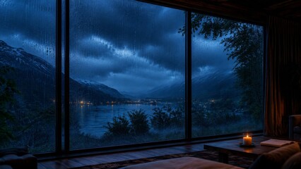 Fototapeta premium Cozy living room overlooking rainy mountain lake at night through large window