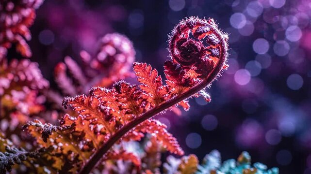 Vibrant fern fiddlehead unfurling in neon botanical garden, macro nature close-up with dreamy bokeh background