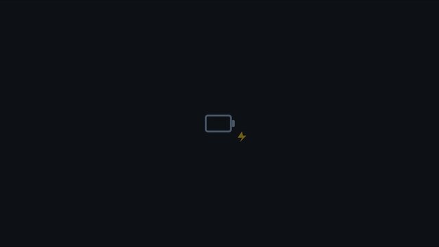 Minimalist battery charging animation with lightning bolt on dark 4k background, energy power