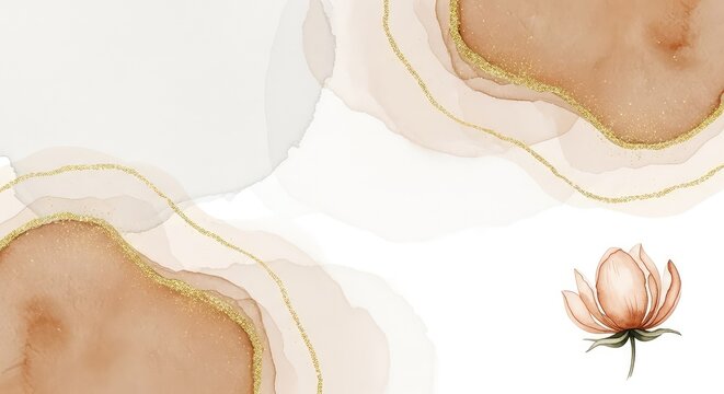 Abstract organic watercolor background with neutral beige and earthy brown washes enhanced by elegant gold glitter accents for a boho feel, wash, glitter, texture