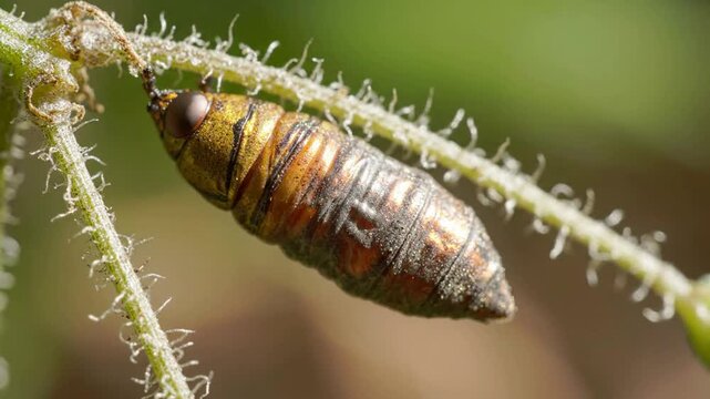 Macro close-up of butterfly chrysalis hanging on plant stem, metamorphosis and nature transformation concept