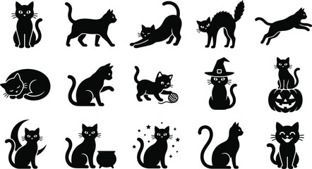 Naklejka premium Collection of various black cat halloween elements vector illustrations featuring a distinct and spooky artistic style presented as a silhouette