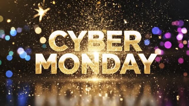 Golden Cyber Monday text with sparkling particles and bokeh background