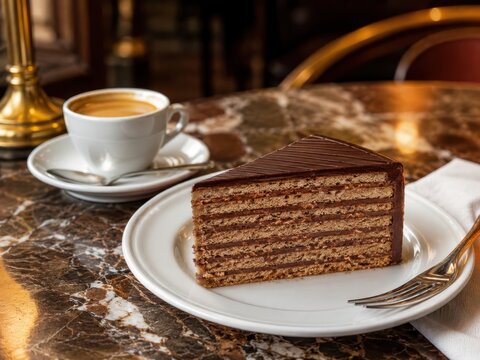 Feine Prinzregententorte mit vielen d&uuml;nnen Schichten und Schokoladenglasur auf wei&szlig;em Teller, stilvoll zu Kaffee serviert &ndash; klassischer bayerischer Tortengenuss.