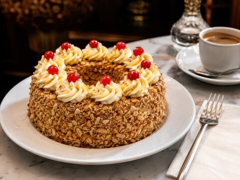 Traditioneller Frankfurter Kranz mit Buttercreme, Krokant und roten Kirschen auf wei&szlig;em Teller, festlich zu Kaffee serviert &ndash; ein deutscher Tortenklassiker.
