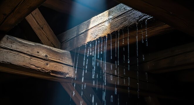Beads of water drip steadily from aged rough timber beams in a dark attic framework creating a damp and atmospheric interior environment, vintage, aging, construction