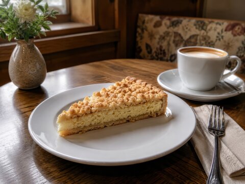 Cremiger Streuselkuchen mit knusprigen Butterstreuseln auf wei&szlig;em Teller, gem&uuml;tlich zu Kaffee serviert &ndash; traditioneller deutscher Blechkuchen aus der B&auml;ckerei.