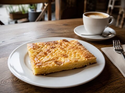 Goldbrauner Butterkuchen mit Mandeln auf wei&szlig;em Teller, frisch und saftig zu Kaffee serviert &ndash; klassischer deutscher Blechkuchen f&uuml;r Kaffeetafel und Familienfest.