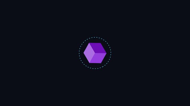 Minimalist purple 3 d cube rotating with circular loading animation for tech interface and digital ui 4k