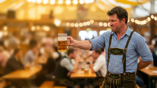 Man in traditional shirt examining beer mug held at arms length with competition expression inside crowded festival tent. Bavarian carnival Oktoberfest festival celebrating concept with copy-space.