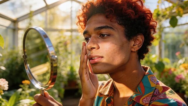 Holding round mirror man examining cheek in sunlit greenhouse, wearing patterned shirt with plants