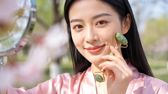Noticing face in mirror, Asian woman in pink robe gliding jade roller in park for skincare