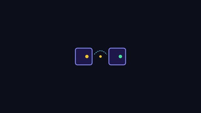 Minimalist ui animation of data transfer between two square nodes with dotted connection path 4k motion data transfer