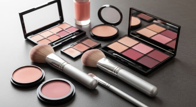 Elegant arrangement of rose-toned powders, eyeshadow palettes, and plush makeup brushes glowing under soft light on a sleek stone tabletop, background, elegant, tools