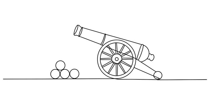 Simple line art drawing of an old vintage artillery cannon with round iron balls for target practice isolated on a clean white background Vector, illustration