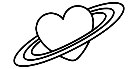 Black and white line art illustration of a heart planet with rings similar to saturn isolated for creative romantic designs and cosmic love concepts Vector, illustration © OTP Line art
