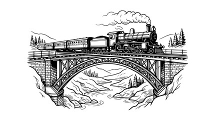 Vintage steam train crossing a railway arch bridge in a mountain landscape illustration © Luthfil