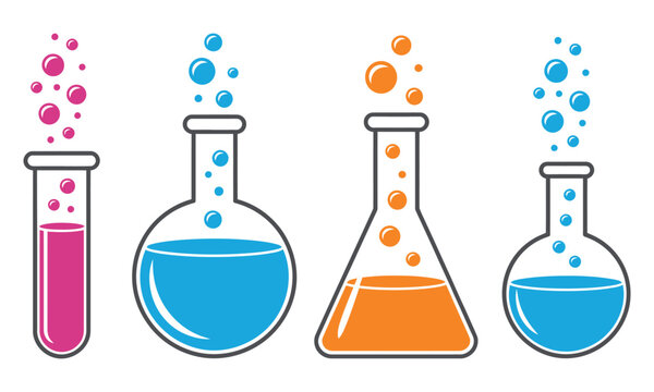 Laboratory equipment vector with colorful chemical flasks and bubbling solutions