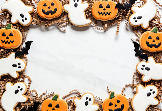 Halloween frame, ghost pumpkin bat, seasonal treat border, autumn party decor, holiday sweet food, top view frame layout, seasonal celebration.