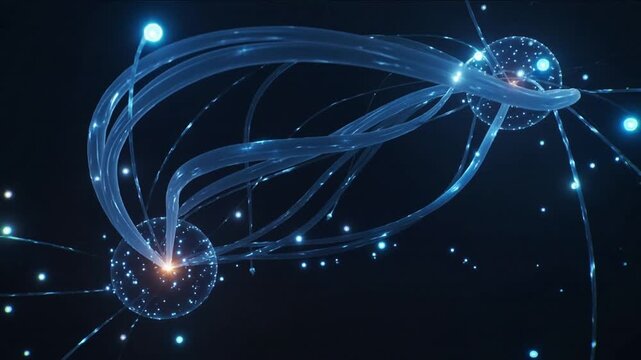 Sparking left core sending pulsed energy along ribbons to right node in deep blue void, signaling
