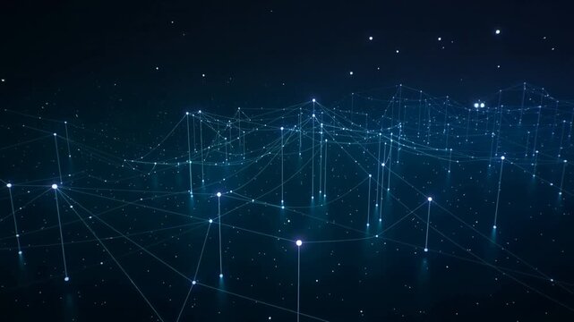 Panning camera revealing glowing node mesh pulsing to peaks across dark floor with beams and stars
