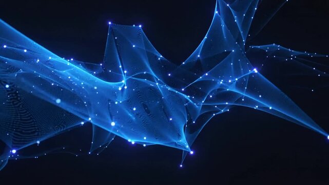 Starting from left cluster shifting blue triangular mesh waving across dark void, nodes pulsing