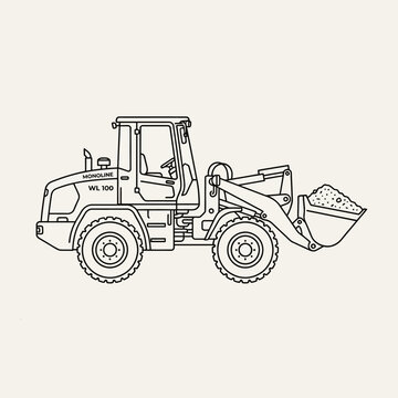 Detailed industrial wheel loader vehicle outline illustration.