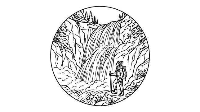 Hiker looking at a majestic waterfall in the mountains line art illustration