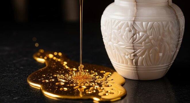 Golden oil flows across a dark stone surface next to a carved white alabaster jar, highlighting textures of liquid and smooth white stone, craft, ancient, aromatic