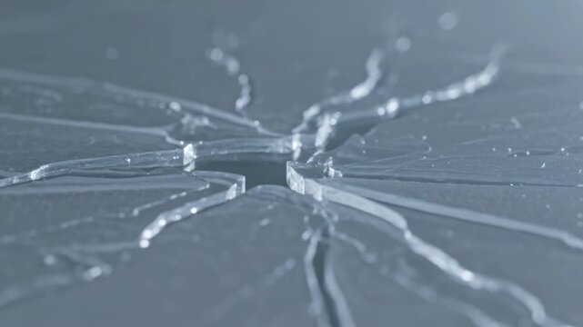 Showing initial impact creating rectangular gap and radiating cracks on clear surface in studio
