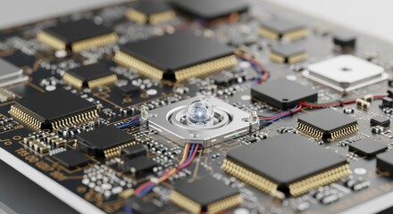 Fototapeta premium Detailed image of a compact modular deepspace optical communication laser transmitter component showing soldered microchips and integrated photonics.