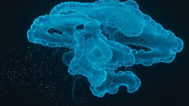 Growing luminous jelly cluster unfurling tentacles with frames advancing in void specks trailing