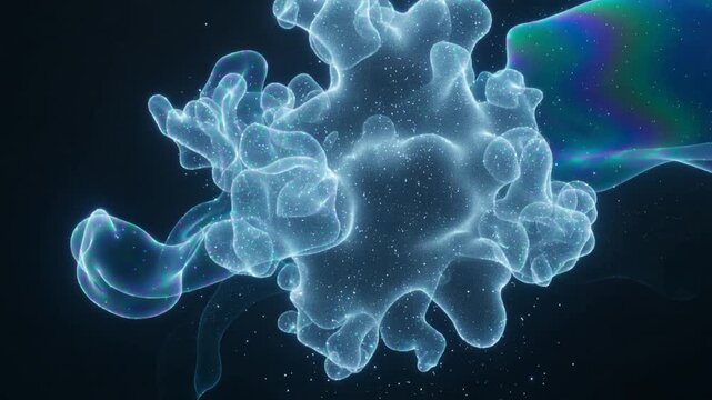 Pulsing amorphous mass forming curling lobes in dark space, releasing particles toward right veil
