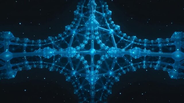 Playing central glowing blue lattice pulsing with round nodes and drifting stars in deep space
