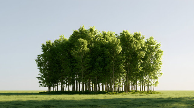 A grouping of emerald trees stands on a swath of grass beneath an open azure sky. The vista encompasses vast emptiness with minimal peripheral elements. It's midday under luminous conditions. 3D rende