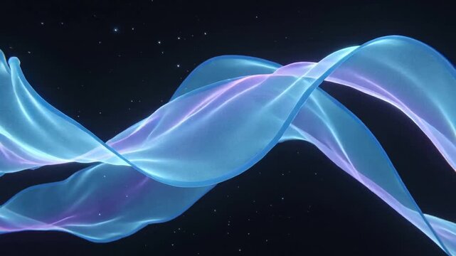 Entering cyan-purple ribbons meeting at center first frame, forming glowing seams over star field