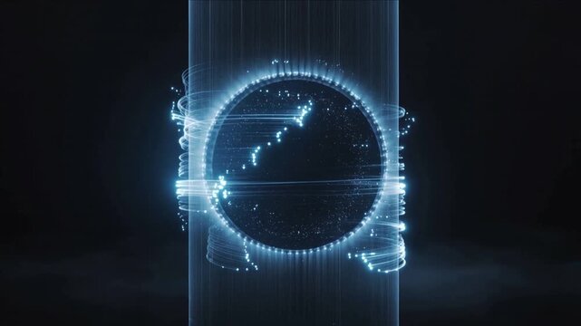 Emitting right beam pulse, center ring pulsing beams crossing dark void with spirals reshaping disk