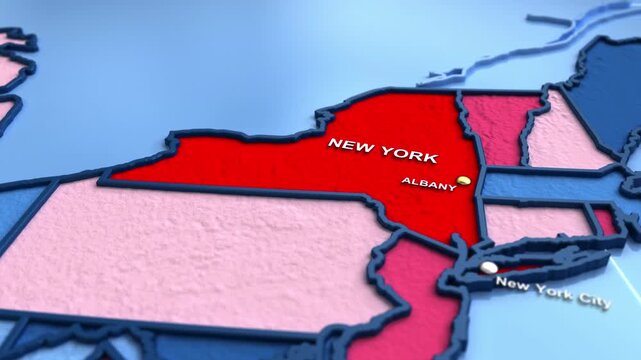 Looped 3D election map animation of the United States zooming into New York state, featuring red, blue, purple and green political outcome variations. 