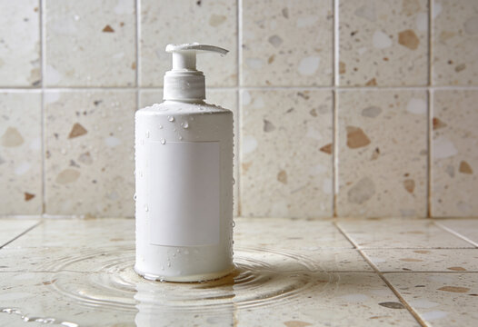 White dispenser bottle mockup, cosmetic pump bottle in water splash, lotion container, liquid soap dispenser, body wash bottle, blank label container, bathroom hygiene product, wet surface container.