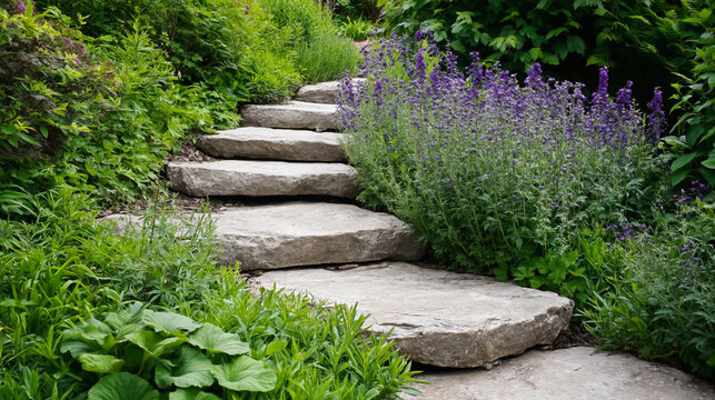 Stone pathway through lush greenery and blooming purple flowers in tranquil garden