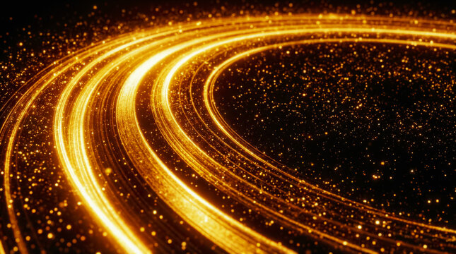 Glowing golden spirals and sparkling particles on black background