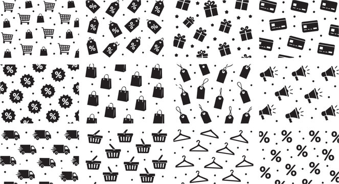 Shopping and Retail Seamless Patterns with Black Icon Sets