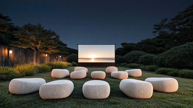Outdoor garden movie setup with cushions and large projector screen at night