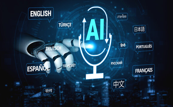 Robotic hand reaching towards microphone with AI concept surrounded by various languages on speech bubbles in a futuristic digital background Quark.
