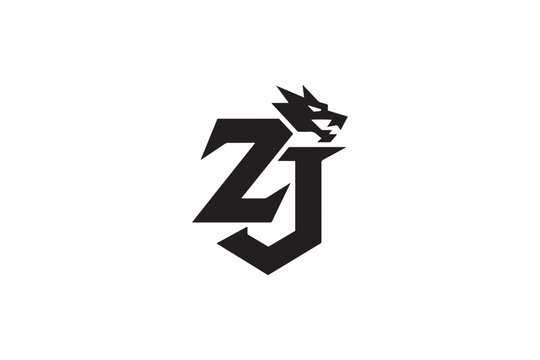 Monochromatic 'zj' logo featuring a fierce dragon head icon