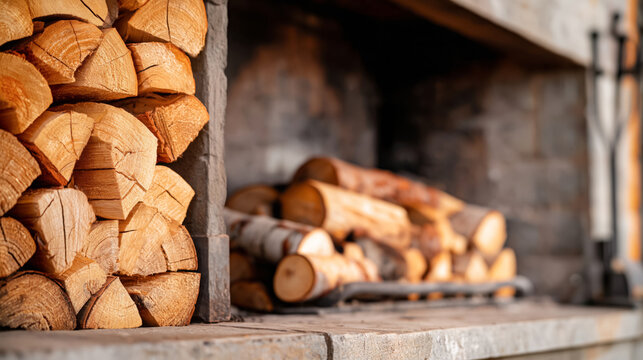 Stacked firewood in rustic fireplace setting with warm tones