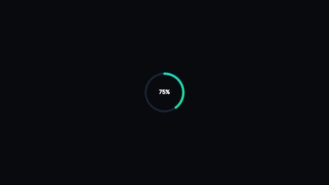Digital loading circle animation with 75 percent progress indicator on dark 4k background percentage