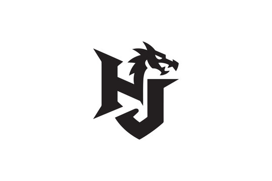 Monogram logo design hj with fierce dragon head emblem for brand identity