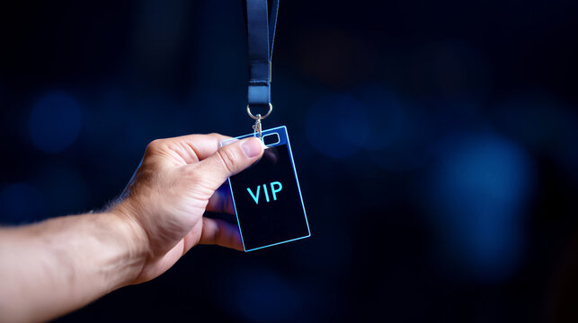 Male hand holding vip badge with lanyard in blue light setting