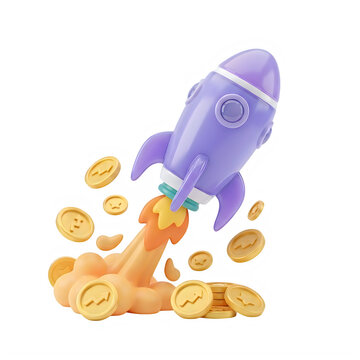 Purple rocket ship launching with flying gold coins for business growth isolated on transparent background